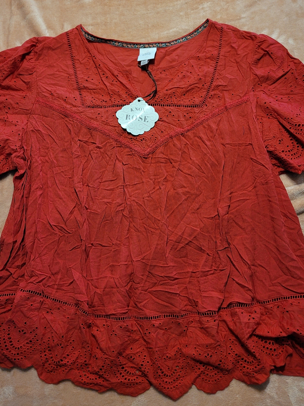 2pk Women's Red And Blue Eyelet Lace Peasant Top